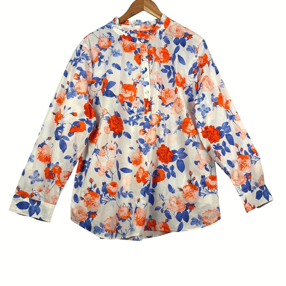 Talbots Plus 2X Long Sleeve Floral Cotton Pop-Over Shirt 2X Cottage Flip Cuff